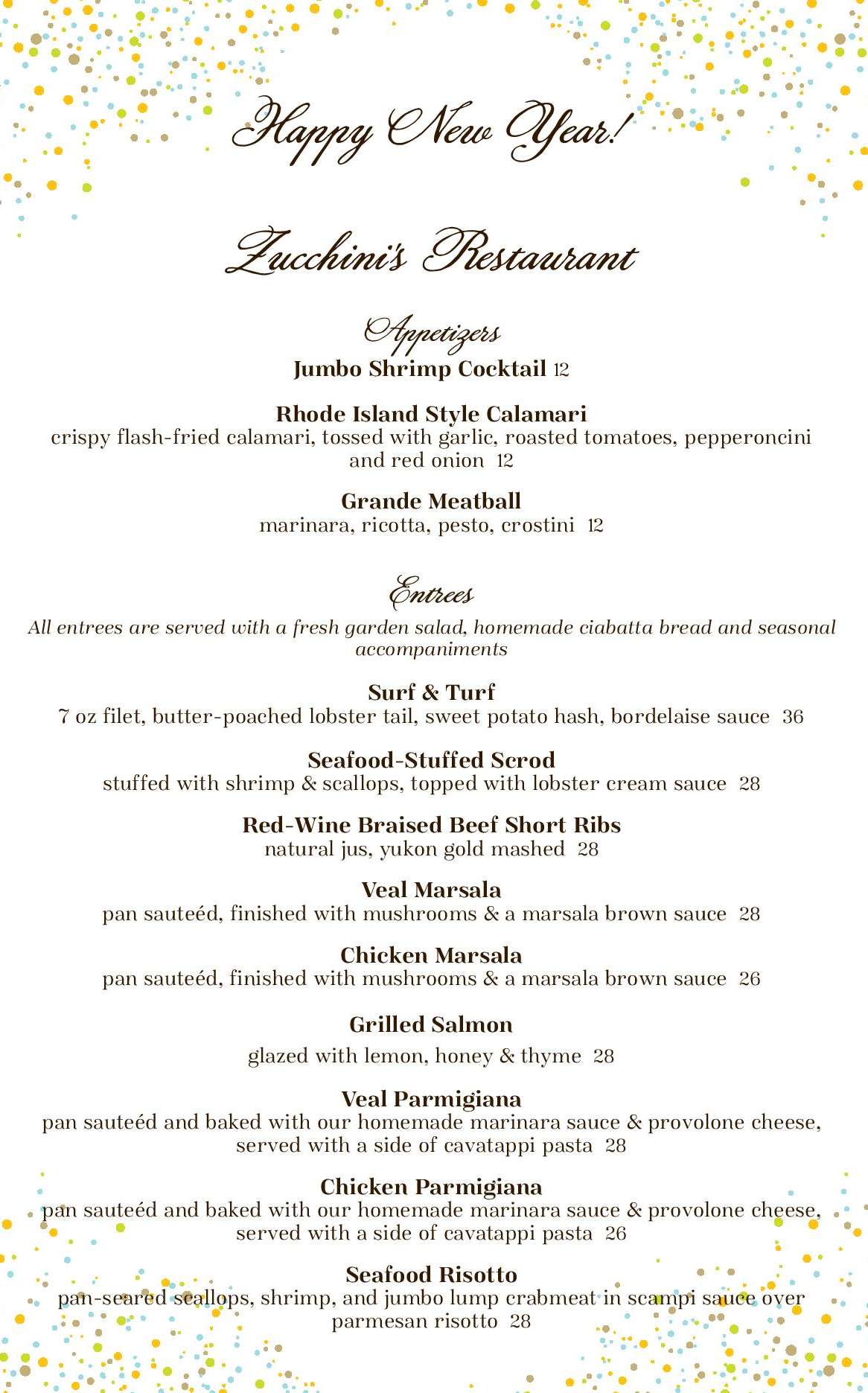 NYE Dine-In Menu | Zucchini's Restaurant