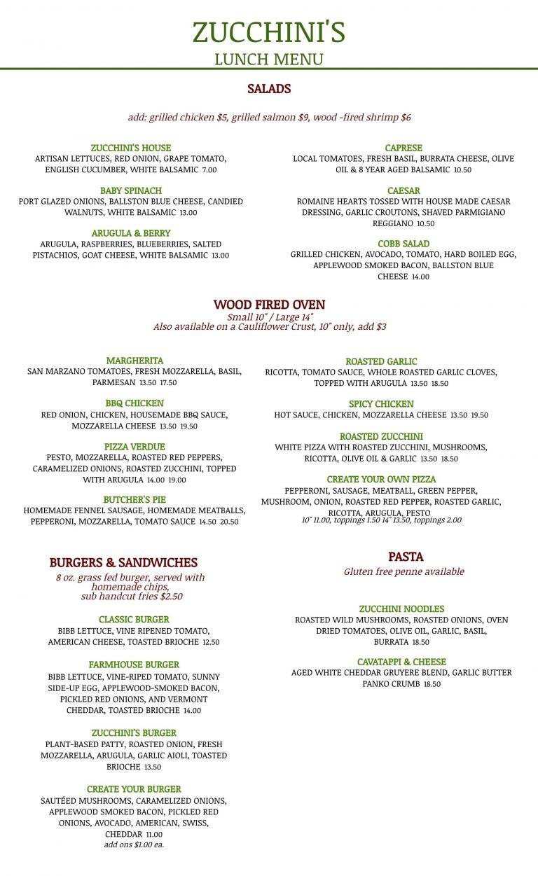 Fall Lunch Menu | Zucchini's Restaurant