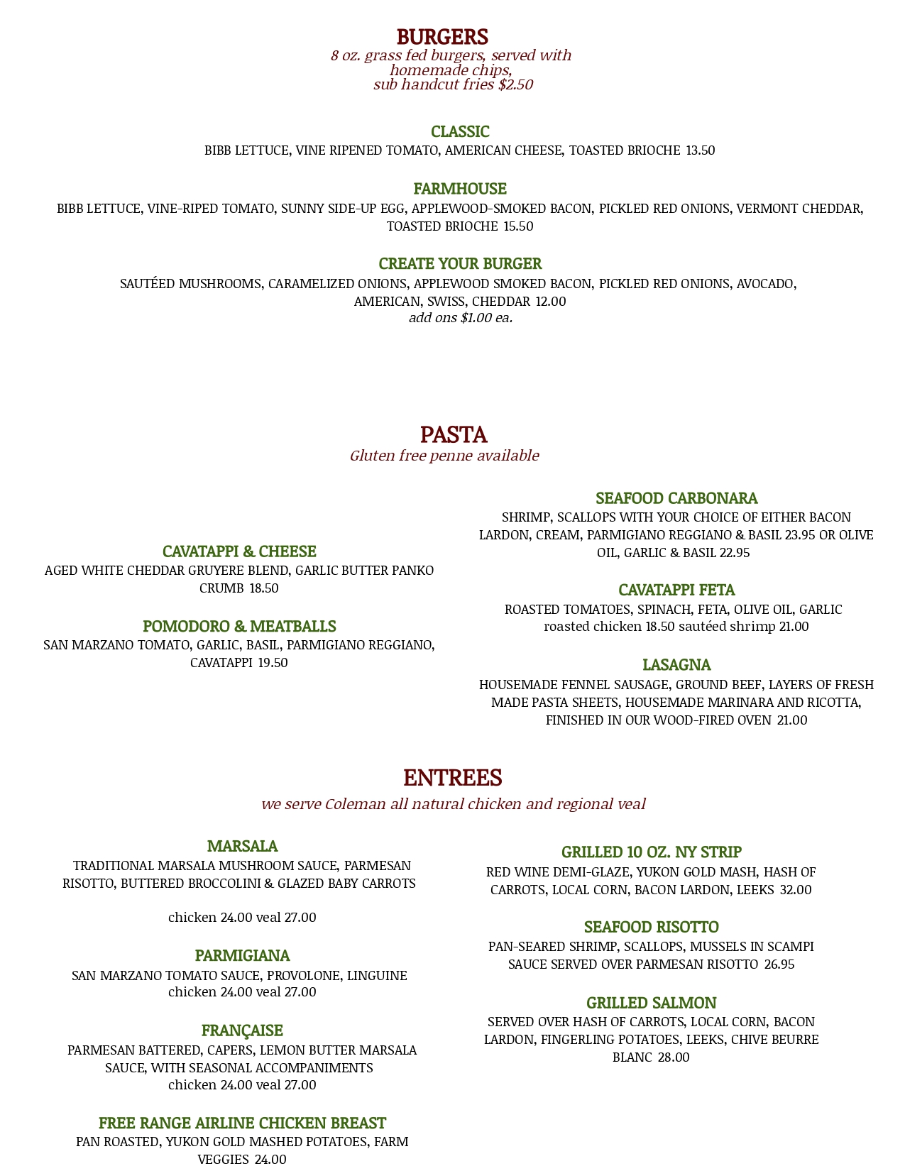 Dinner Menu | Zucchini's Restaurant